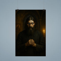 Rasputin in lamplit chapel with piercing eyes poster 9