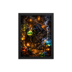 Raven alchemist beside glowing alembics framed print on a plain backdrop in size 12"x16".
