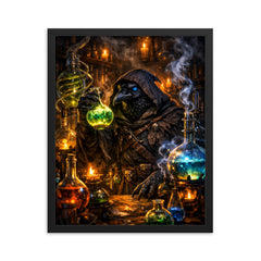 Raven alchemist beside glowing alembics framed print on a plain backdrop in size 16"x20".