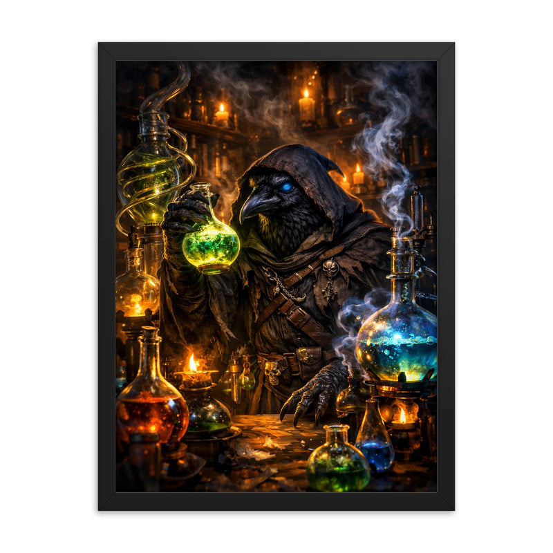 Raven alchemist beside glowing alembics framed print on a plain backdrop in size 18
