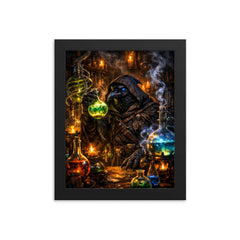 Raven alchemist beside glowing alembics framed print on a plain backdrop in size 8"x10".