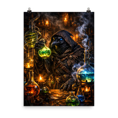Raven alchemist beside glowing alembics poster on a plain backdrop in size 8"x10".