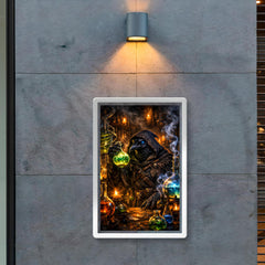 Raven alchemist beside glowing alembics poster 2