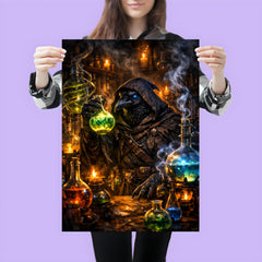 Raven alchemist beside glowing alembics poster 3