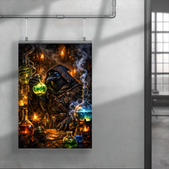 Raven alchemist beside glowing alembics poster 4