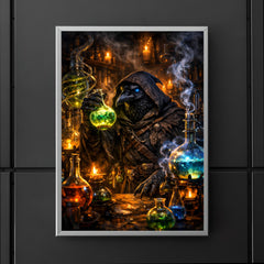 Raven alchemist beside glowing alembics poster 5