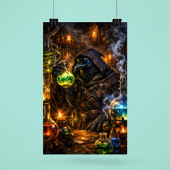 Raven alchemist beside glowing alembics poster 6