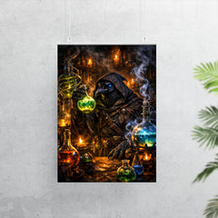 Raven alchemist beside glowing alembics poster 7