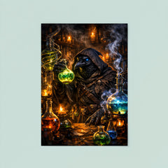 Raven alchemist beside glowing alembics poster 8