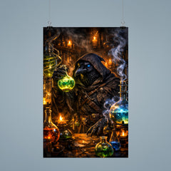Raven alchemist beside glowing alembics poster 9