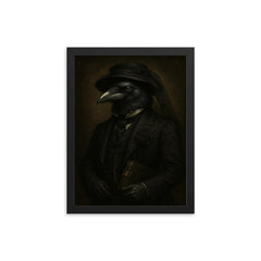 Raven banker in Victorian mourning attire framed print on a plain backdrop in size 12"x16".