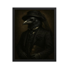 Raven banker in Victorian mourning attire framed print on a plain backdrop in size 16"x20".