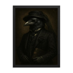 Raven banker in Victorian mourning attire framed print on a plain backdrop in size 18"x24".
