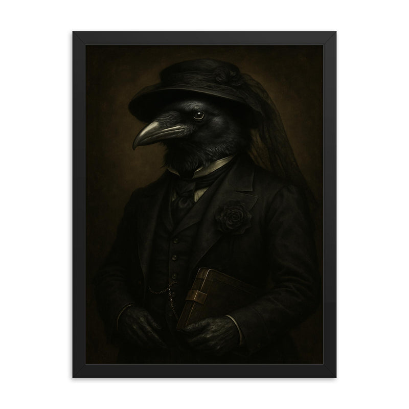 Raven banker in Victorian mourning attire framed print on a plain backdrop in size 18