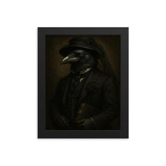 Raven banker in Victorian mourning attire framed print on a plain backdrop in size 8"x10".