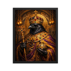 Raven in Byzantine emperor regalia framed print on a plain backdrop in size 16"x20".