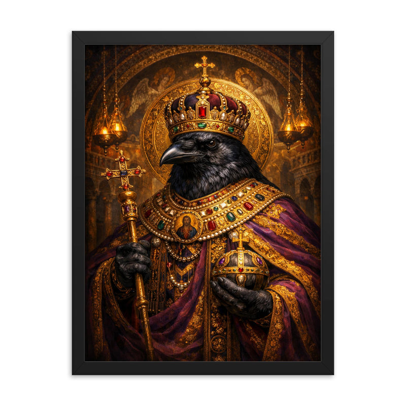 Raven in Byzantine emperor regalia framed print on a plain backdrop in size 18