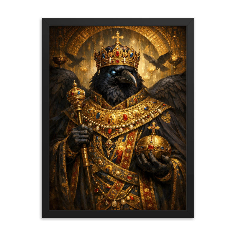 Raven king in Byzantine loros framed print on a plain backdrop in size 18