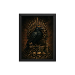 Raven king on iron throne of bones framed print on a plain backdrop in size 12"x16".