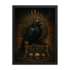 Raven king on iron throne of bones framed print on a plain backdrop in size 18"x24".