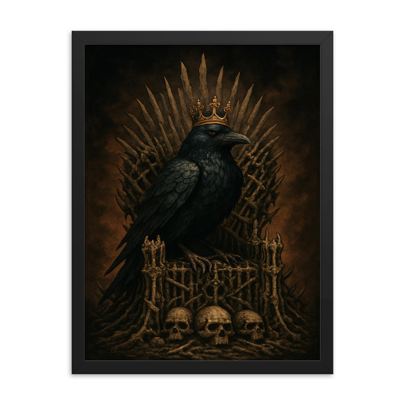 Raven king on iron throne of bones framed print on a plain backdrop in size 18