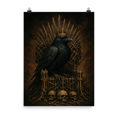 Raven king on iron throne of bones poster on a plain backdrop in size 8"x10".
