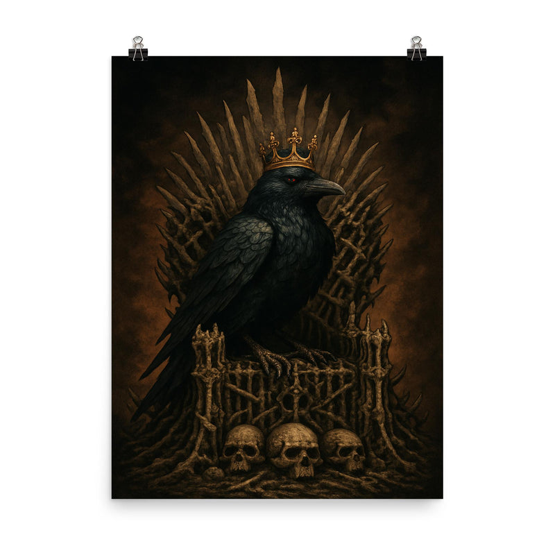 Raven king on iron throne of bones poster on a plain backdrop in size 8