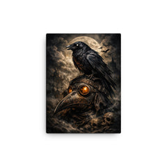Raven perched on a plague doctor mask canvas print on a plain backdrop in size 12"x16".