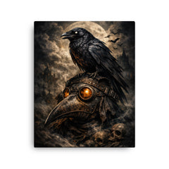 Raven perched on a plague doctor mask canvas print on a plain backdrop in size 16"x20".