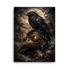 Raven perched on a plague doctor mask canvas print on a plain backdrop in size 18"x24".