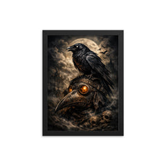 Raven perched on a plague doctor mask framed print on a plain backdrop in size 12"x16".
