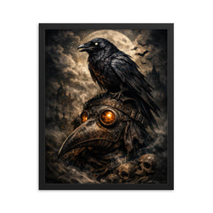 Raven perched on a plague doctor mask framed print on a plain backdrop in size 16"x20".
