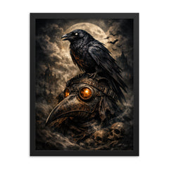 Raven perched on a plague doctor mask framed print on a plain backdrop in size 18"x24".