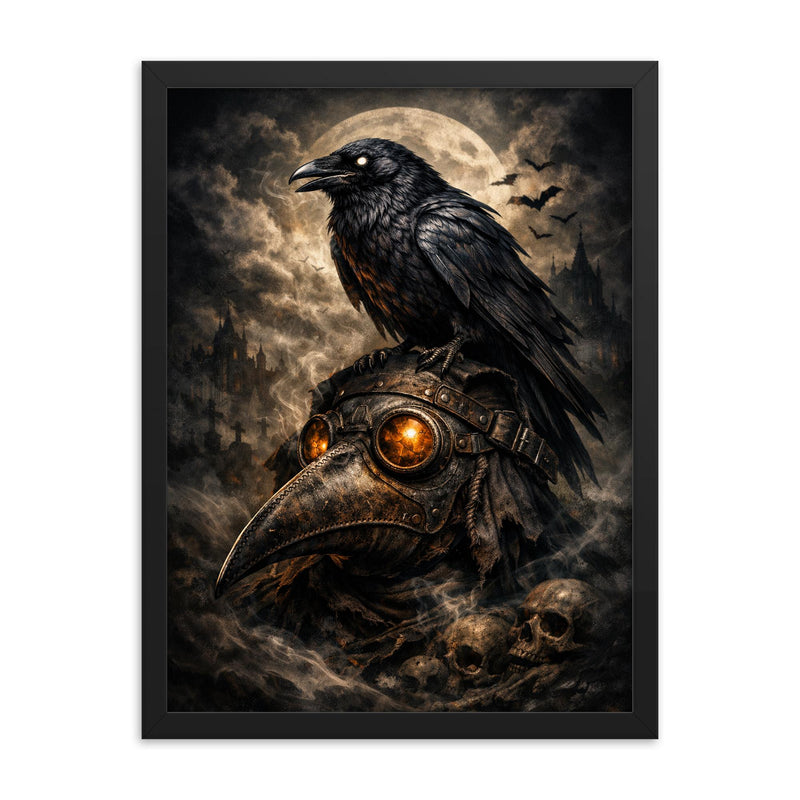 Raven perched on a plague doctor mask framed print on a plain backdrop in size 18