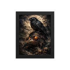 Raven perched on a plague doctor mask framed print on a plain backdrop in size 8"x10".