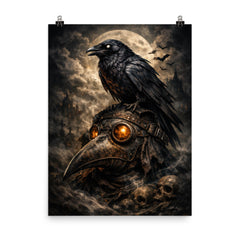 Raven perched on a plague doctor mask poster on a plain backdrop in size 8"x10".