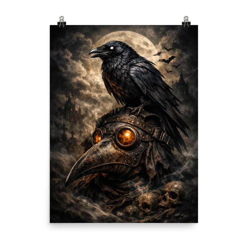 Raven perched on a plague doctor mask poster on a plain backdrop in size 8
