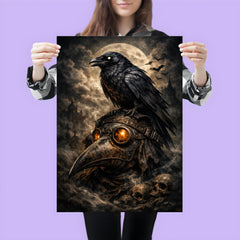 Raven perched on a plague doctor mask poster 3