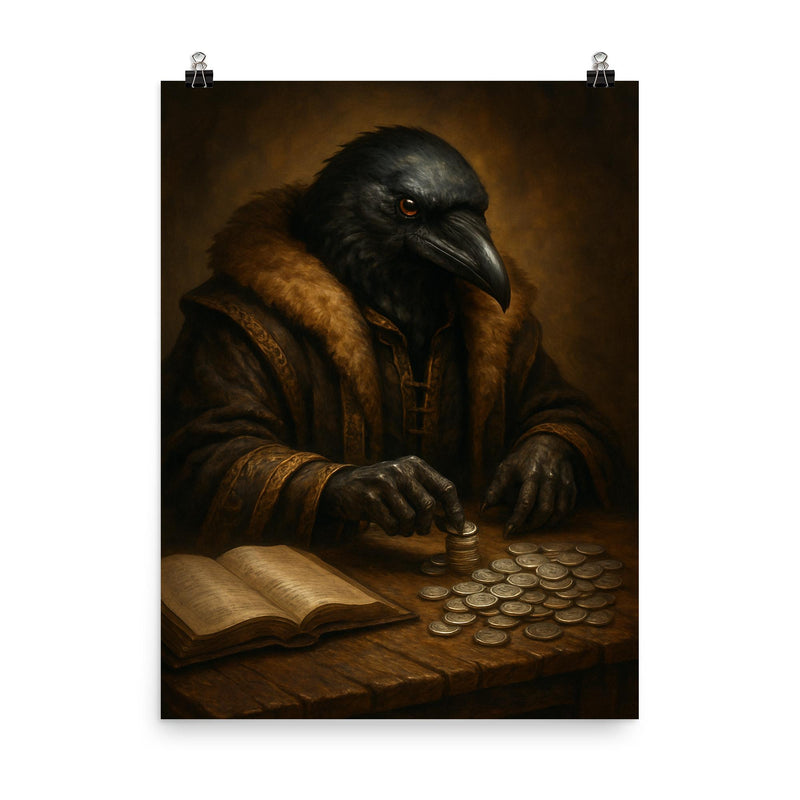 Raven tax collector counting silver in fur lined robes poster on a plain backdrop in size 8