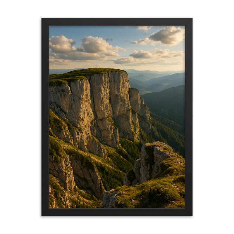 Rax Plateau Cliffs Austria framed print on a plain backdrop in size 18
