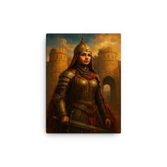 Razia Sultan in armor before Delhi gates canvas print on a plain backdrop in size 12"x16".