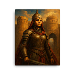 Razia Sultan in armor before Delhi gates canvas print on a plain backdrop in size 16"x20".