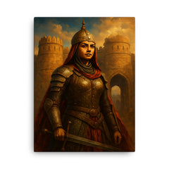 Razia Sultan in armor before Delhi gates canvas print on a plain backdrop in size 18"x24".