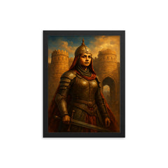 Razia Sultan in armor before Delhi gates framed print on a plain backdrop in size 12"x16".