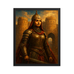 Razia Sultan in armor before Delhi gates framed print on a plain backdrop in size 16"x20".