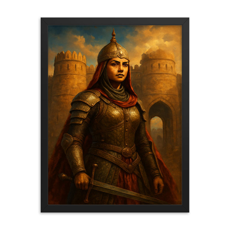 Razia Sultan in armor before Delhi gates framed print on a plain backdrop in size 18