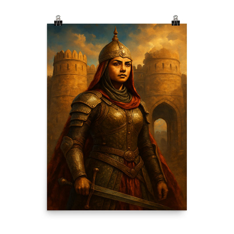 Razia Sultan in armor before Delhi gates poster on a plain backdrop in size 8