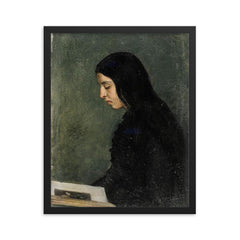 Reading Black Haired Woman by Adolf von Becker framed print on a plain backdrop in size 16"x20".