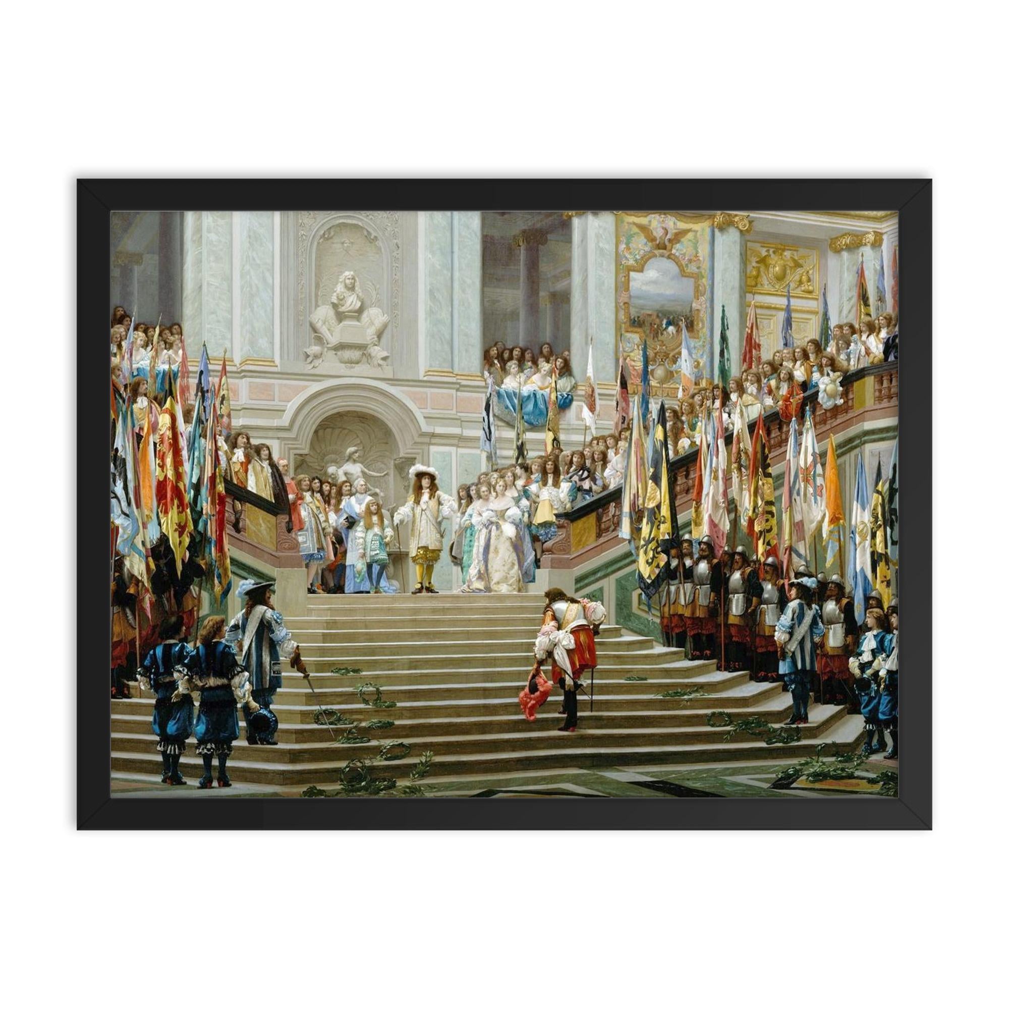 Reception of Le Grand Condé at Versailles by Jean-Léon Gérôme, 1878 framed print on a plain backdrop in size 18"x24".