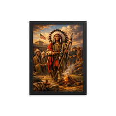 Red Cloud at Fort Laramie council framed print on a plain backdrop in size 12"x16".
